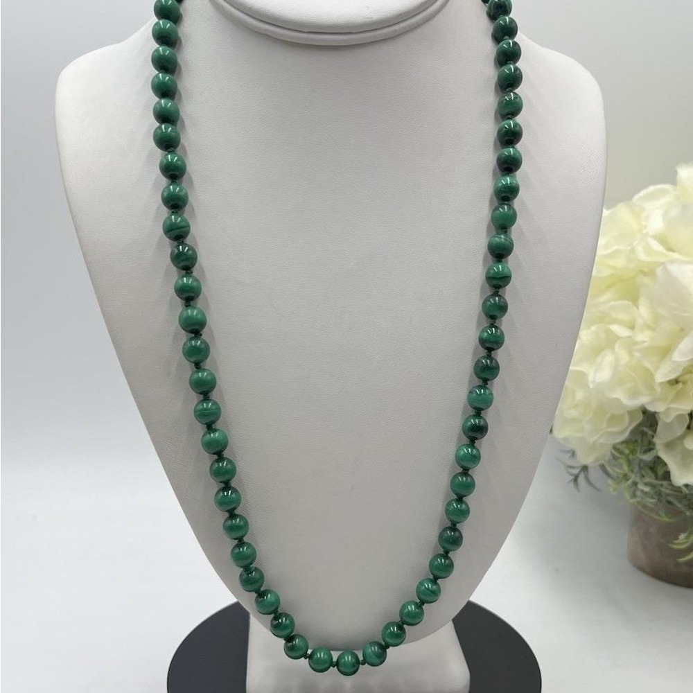 Vintage Healingβ Malachite HAND Knotted GREEN Beaded Matrix Necklace vibrant 24"